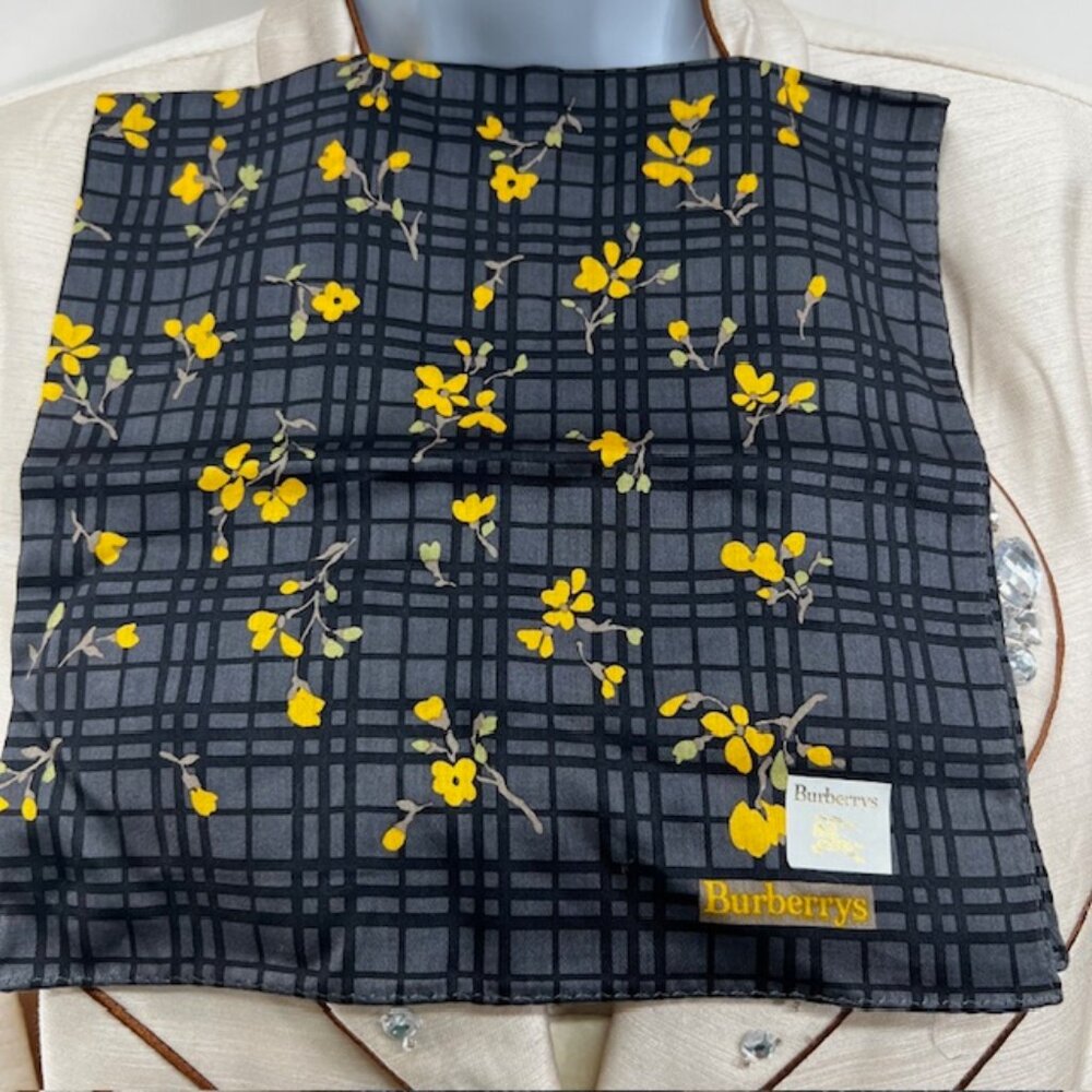 NewTagBurberrys Miniscarf/handker19.5" Cotton Silk Black Gray Yellow floral(15 - Picture 5 of 11